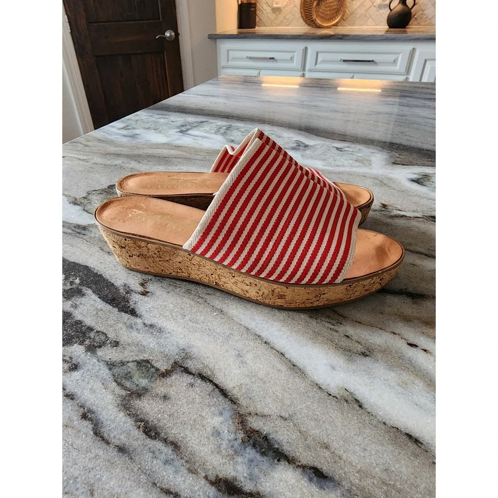 Vintage Y2K Red White Striped Cork Wedge Slide Sandals Womens